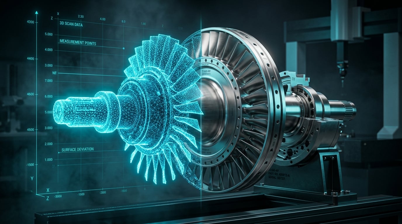 Turbine engine assembly shown as scan data and reconstructed CAD