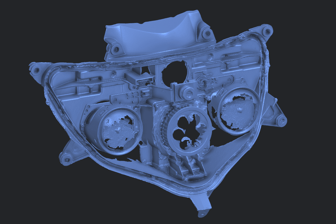 Blue 3D scan of a modified Suzuki GSX-R 600 headlight assembly